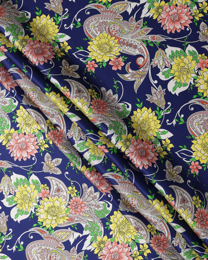 Navy Blue Floral and Paisley Printed Premium Pure Silk Satin Fabric with Ornate Multicolor Design, 140 cms Width, Made in Italy-D26312