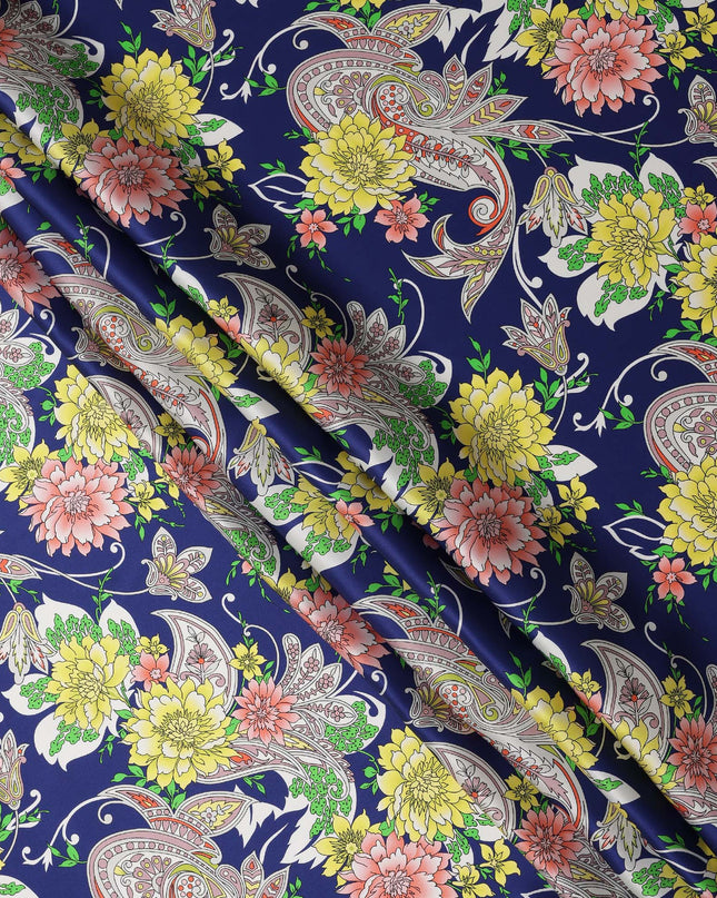 Navy Blue Floral and Paisley Printed Premium Pure Silk Satin Fabric with Ornate Multicolor Design, 140 cms Width, Made in Italy-D26312
