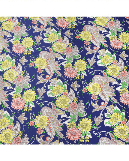 Navy Blue Floral and Paisley Printed Premium Pure Silk Satin Fabric with Ornate Multicolor Design, 140 cms Width, Made in Italy-D26312