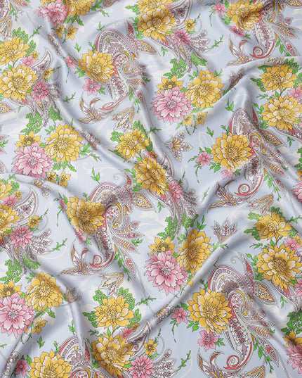 Powder Blue Multicolor Floral and Paisley Printed Premium Pure Silk Satin Fabric with Ornate Design, 140 cms Width, Made in Italy-D26308
