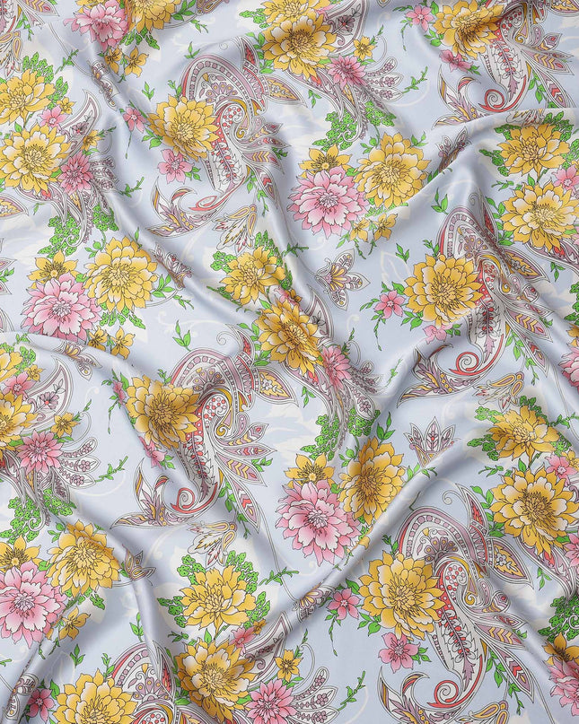 Powder Blue Multicolor Floral and Paisley Printed Premium Pure Silk Satin Fabric with Ornate Design, 140 cms Width, Made in Italy-D26308