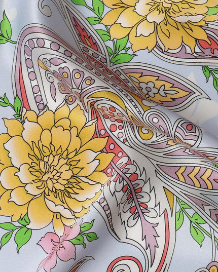 Powder Blue Multicolor Floral and Paisley Printed Premium Pure Silk Satin Fabric with Ornate Design, 140 cms Width, Made in Italy-D26308