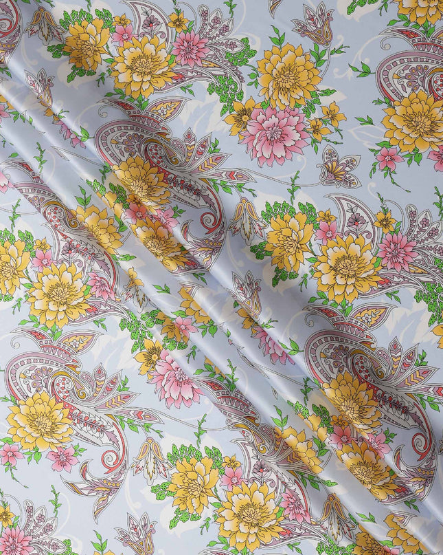 Powder Blue Multicolor Floral and Paisley Printed Premium Pure Silk Satin Fabric with Ornate Design, 140 cms Width, Made in Italy-D26308