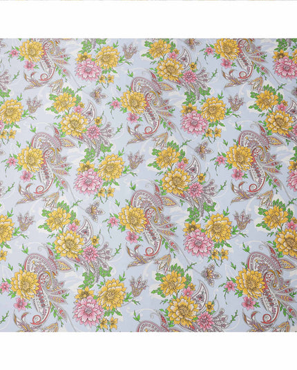 Powder Blue Multicolor Floral and Paisley Printed Premium Pure Silk Satin Fabric with Ornate Design, 140 cms Width, Made in Italy-D26308
