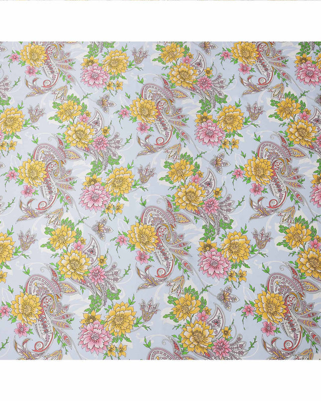 Powder Blue Multicolor Floral and Paisley Printed Premium Pure Silk Satin Fabric with Ornate Design, 140 cms Width, Made in Italy-D26308