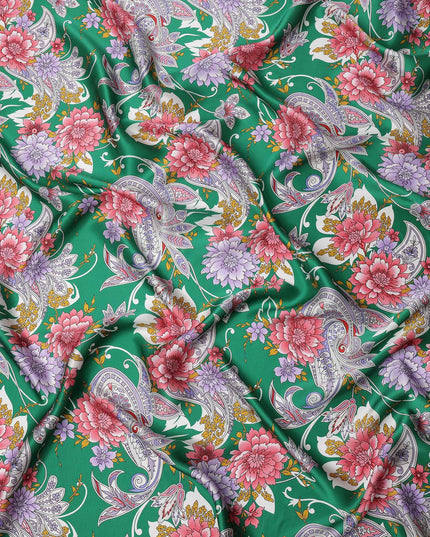 Emerald Green Floral and Paisley Printed Premium Pure Silk Satin Fabric with Multicolor Ornate Design, 140 cms Width, Made in Italy-D26314