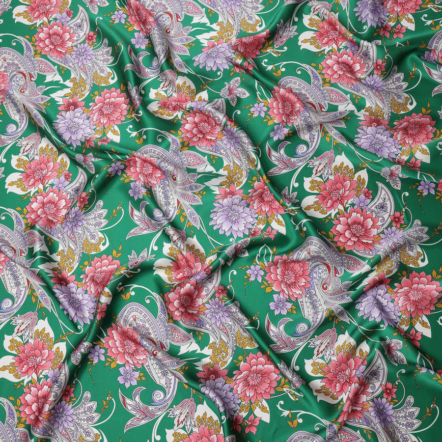 Emerald Green Floral and Paisley Printed Premium Pure Silk Satin Fabric with Multicolor Ornate Design, 140 cms Width, Made in Italy-D26314
