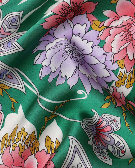 Emerald Green Floral and Paisley Printed Premium Pure Silk Satin Fabric with Multicolor Ornate Design, 140 cms Width, Made in Italy-D26314