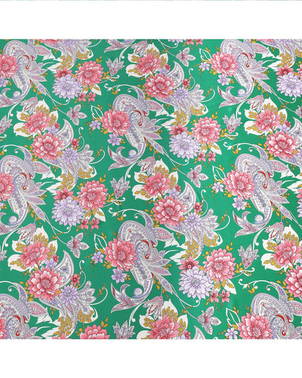 Emerald Green Floral and Paisley Printed Premium Pure Silk Satin Fabric with Multicolor Ornate Design, 140 cms Width, Made in Italy-D26314