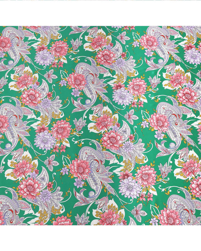Emerald Green Floral and Paisley Printed Premium Pure Silk Satin Fabric with Multicolor Ornate Design, 140 cms Width, Made in Italy-D26314