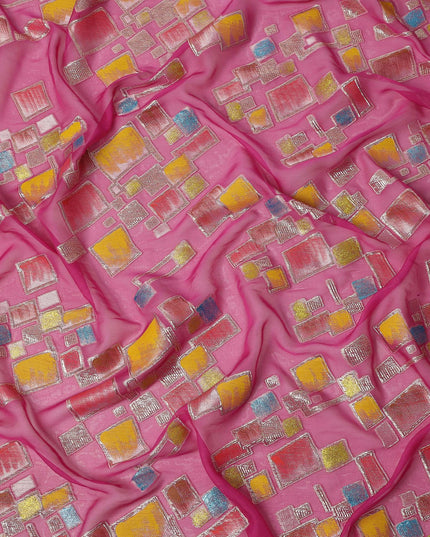 Hot Pink Multicolor Premium Pure Silk Chiffon Fabric with Metallic Hand Print in Geometric Design, 110 Cms, South Korea-D26910