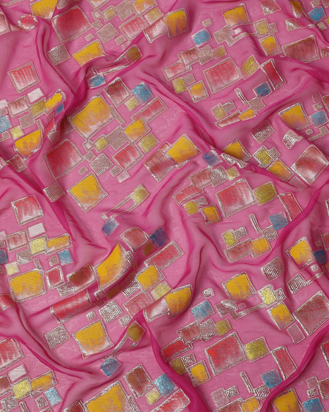 Hot Pink Multicolor Premium Pure Silk Chiffon Fabric with Metallic Hand Print in Geometric Design, 110 Cms, South Korea-D26910
