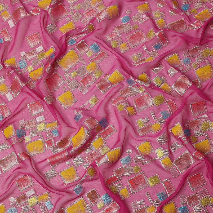 Hot Pink Multicolor Premium Pure Silk Chiffon Fabric with Metallic Hand Print in Geometric Design, 110 Cms, South Korea-D26910