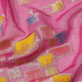 Hot Pink Multicolor Premium Pure Silk Chiffon Fabric with Metallic Hand Print in Geometric Design, 110 Cms, South Korea-D26910