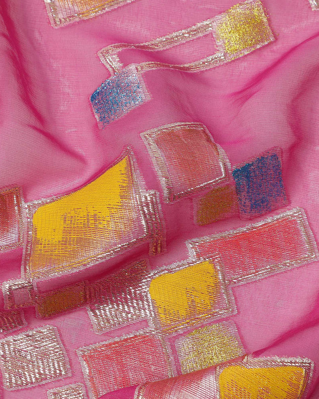 Hot Pink Multicolor Premium Pure Silk Chiffon Fabric with Metallic Hand Print in Geometric Design, 110 Cms, South Korea-D26910