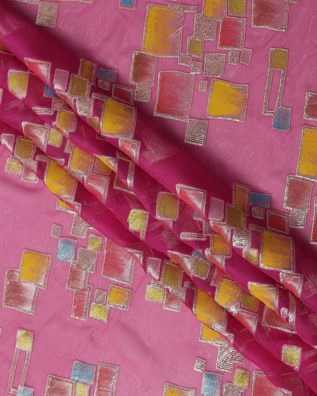Hot Pink Multicolor Premium Pure Silk Chiffon Fabric with Metallic Hand Print in Geometric Design, 110 Cms, South Korea-D26910