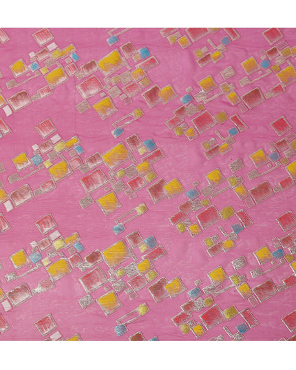 Hot Pink Multicolor Premium Pure Silk Chiffon Fabric with Metallic Hand Print in Geometric Design, 110 Cms, South Korea-D26910
