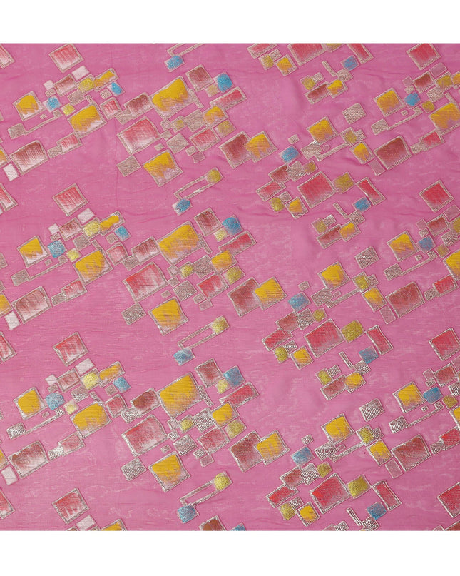 Hot Pink Multicolor Premium Pure Silk Chiffon Fabric with Metallic Hand Print in Geometric Design, 110 Cms, South Korea-D26910