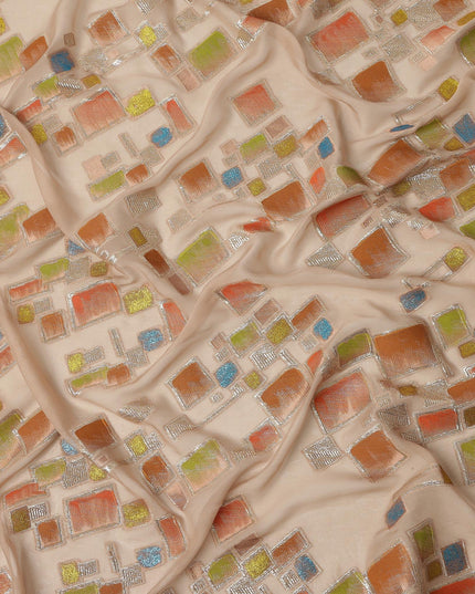 Soft Nude Beige Multicolor Premium Pure Silk Chiffon Fabric with Metallic Hand Print in Geometric Design, 110 Cms, South Korea-D26913