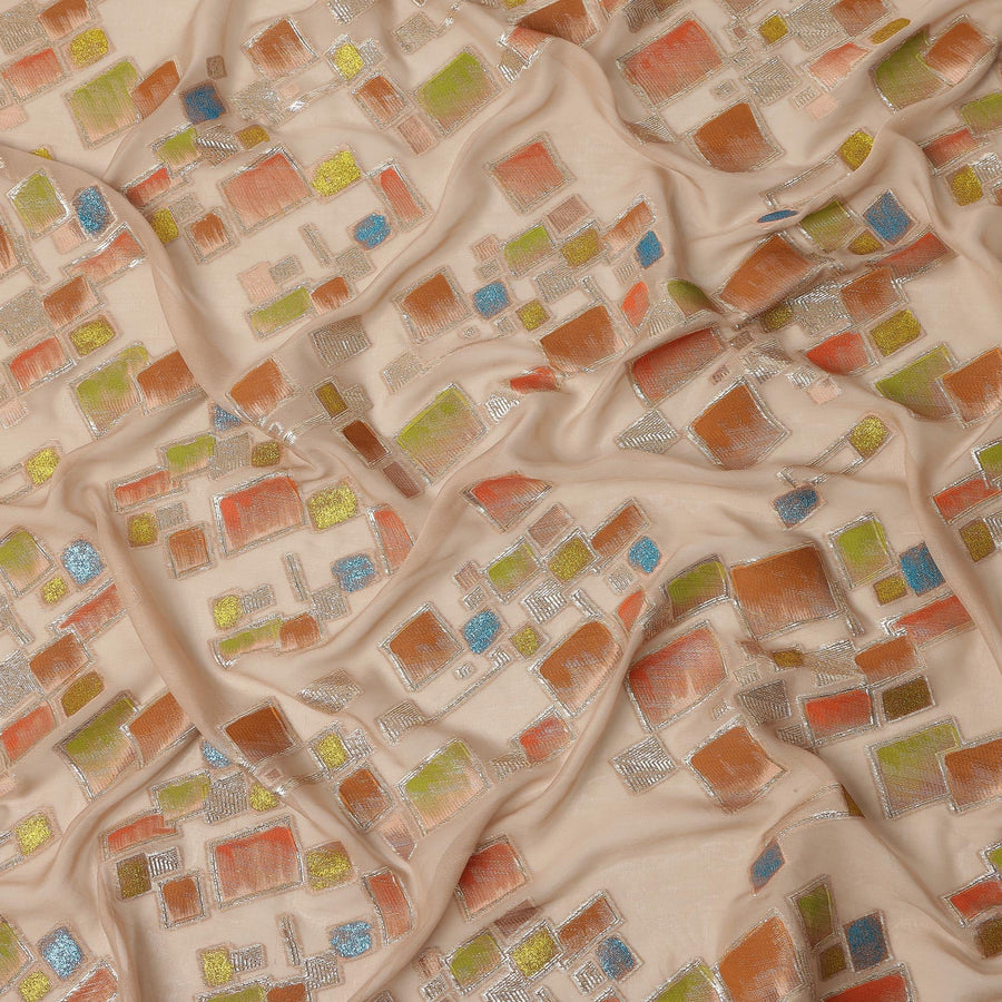 Soft Nude Beige Multicolor Premium Pure Silk Chiffon Fabric with Metallic Hand Print in Geometric Design, 110 Cms, South Korea-D26913