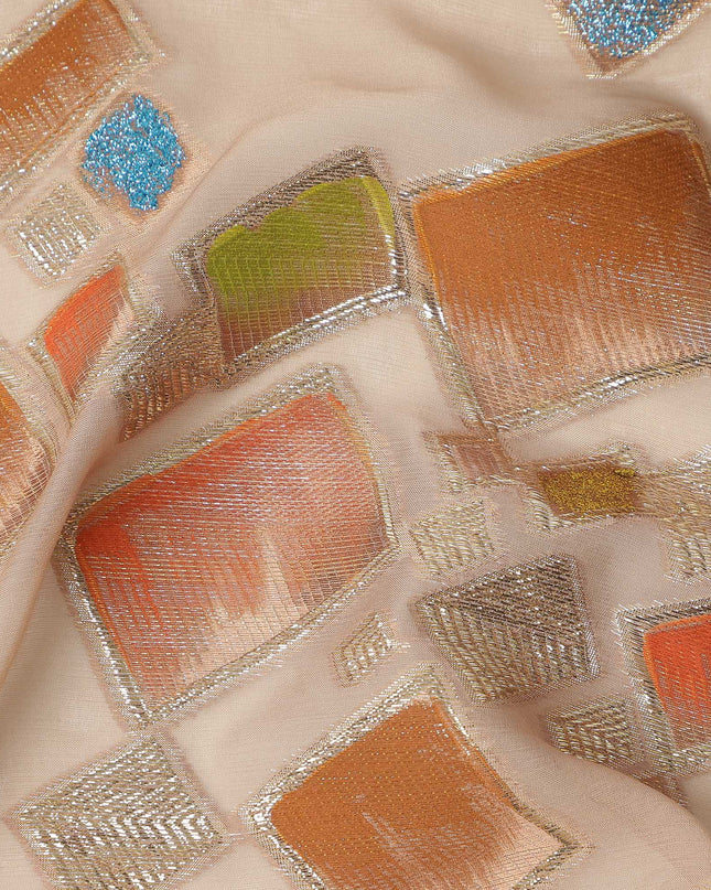 Soft Nude Beige Multicolor Premium Pure Silk Chiffon Fabric with Metallic Hand Print in Geometric Design, 110 Cms, South Korea-D26913