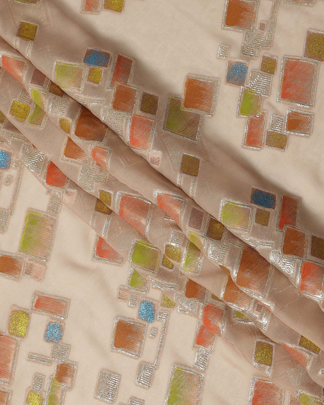 Soft Nude Beige Multicolor Premium Pure Silk Chiffon Fabric with Metallic Hand Print in Geometric Design, 110 Cms, South Korea-D26913