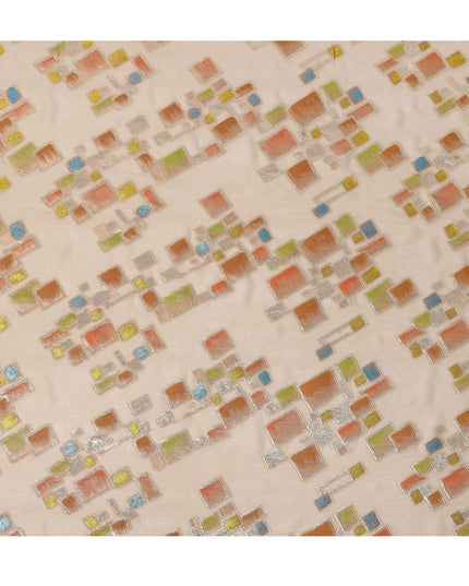 Soft Nude Beige Multicolor Premium Pure Silk Chiffon Fabric with Metallic Hand Print in Geometric Design, 110 Cms, South Korea-D26913