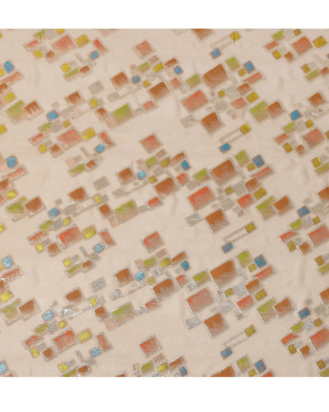 Soft Nude Beige Multicolor Premium Pure Silk Chiffon Fabric with Metallic Hand Print in Geometric Design, 110 Cms, South Korea-D26913
