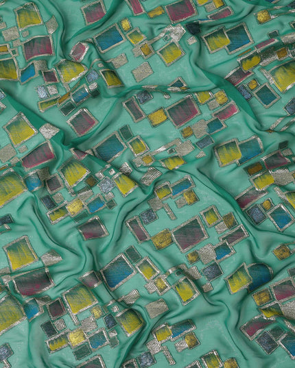 Sea Green Multicolor Premium Pure Silk Chiffon Fabric with Metallic Hand Print in Geometric Design, 110 Cms, South Korea-D26909