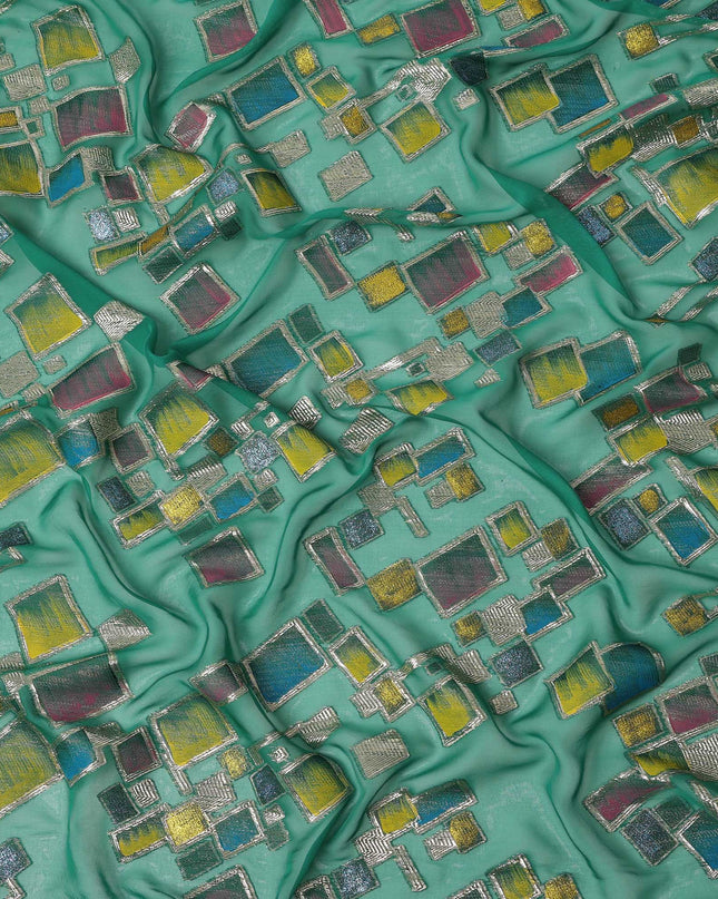 Sea Green Multicolor Premium Pure Silk Chiffon Fabric with Metallic Hand Print in Geometric Design, 110 Cms, South Korea-D26909