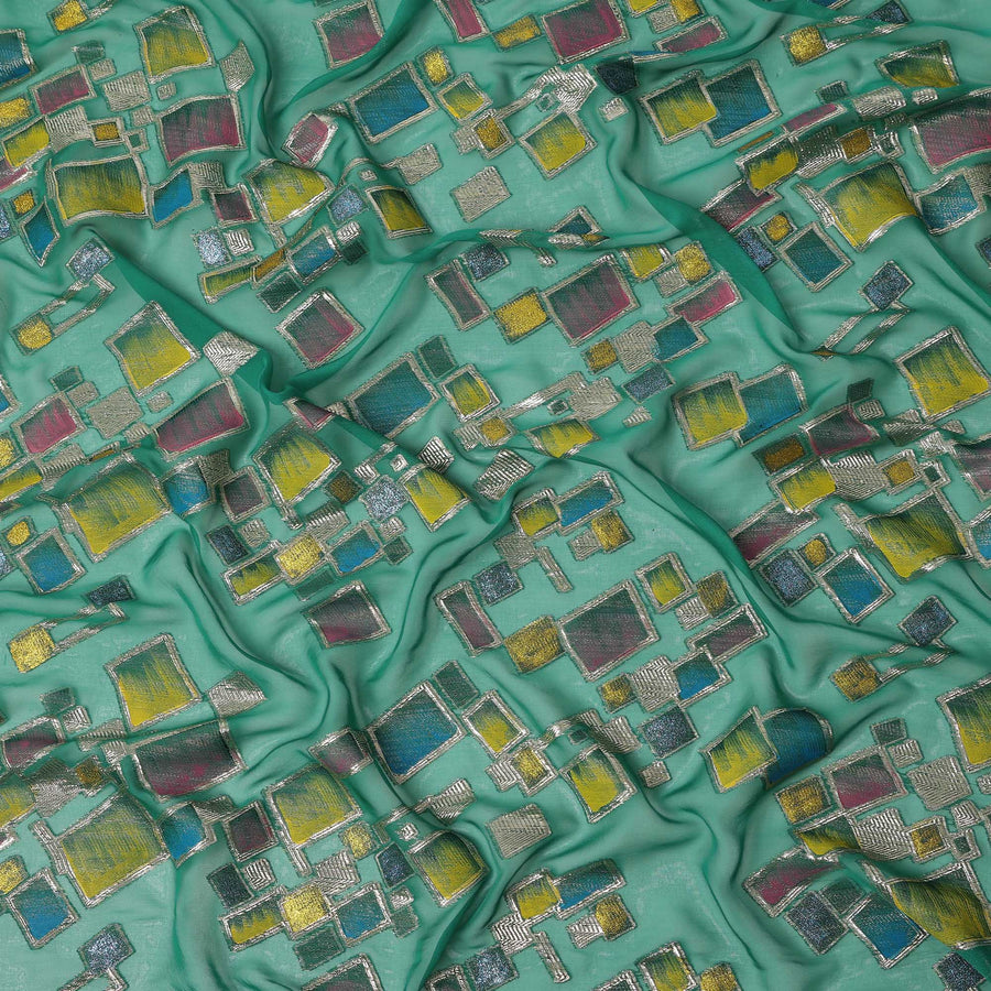 Sea Green Multicolor Premium Pure Silk Chiffon Fabric with Metallic Hand Print in Geometric Design, 110 Cms, South Korea-D26909