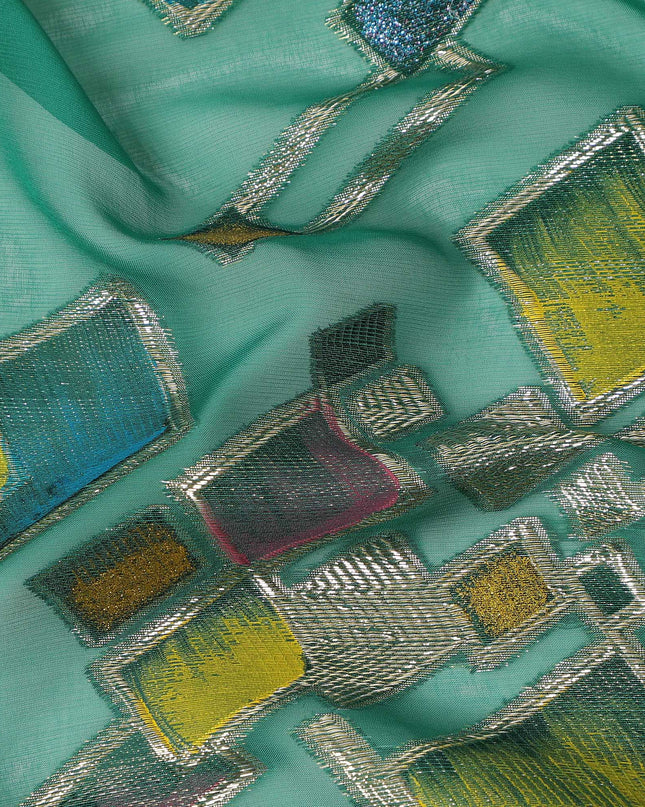 Sea Green Multicolor Premium Pure Silk Chiffon Fabric with Metallic Hand Print in Geometric Design, 110 Cms, South Korea-D26909