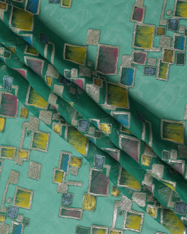 Sea Green Multicolor Premium Pure Silk Chiffon Fabric with Metallic Hand Print in Geometric Design, 110 Cms, South Korea-D26909