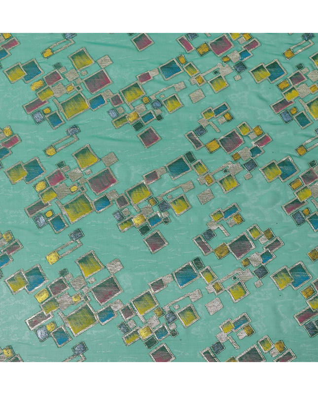 Sea Green Multicolor Premium Pure Silk Chiffon Fabric with Metallic Hand Print in Geometric Design, 110 Cms, South Korea-D26909