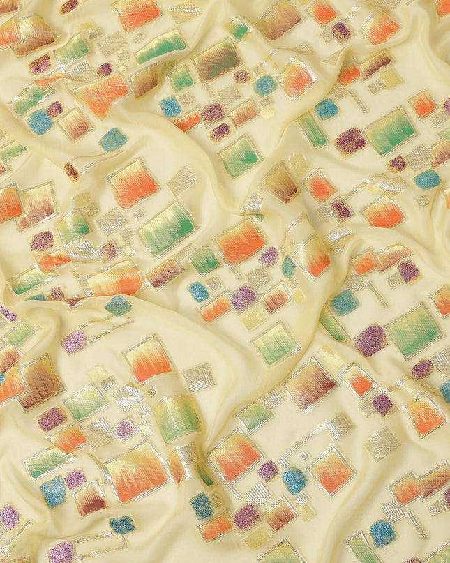 Butter Yellow Multicolor Premium Pure Silk Chiffon Fabric with Metallic Hand Print in Geometric Design, 110 Cms, South Korea-D26908