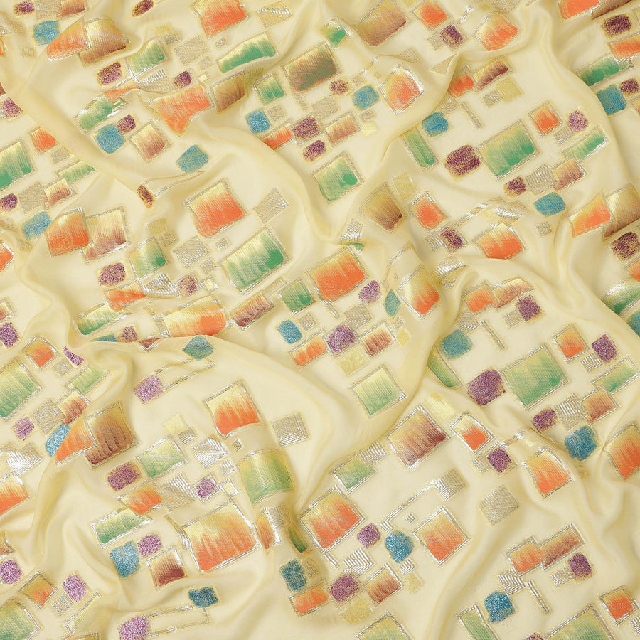 Butter Yellow Multicolor Premium Pure Silk Chiffon Fabric with Metallic Hand Print in Geometric Design, 110 Cms, South Korea-D26908