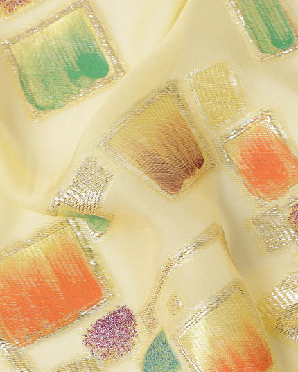 Butter Yellow Multicolor Premium Pure Silk Chiffon Fabric with Metallic Hand Print in Geometric Design, 110 Cms, South Korea-D26908