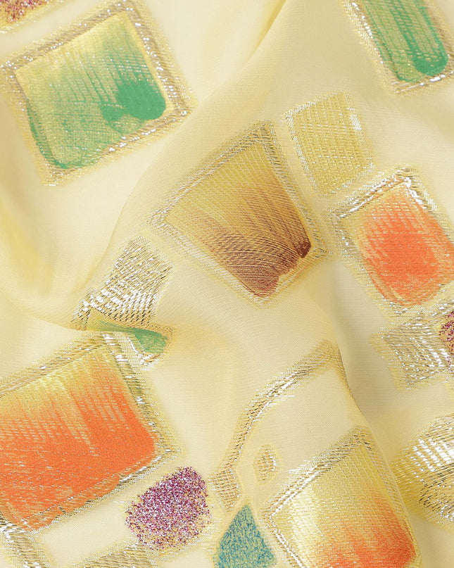 Butter Yellow Multicolor Premium Pure Silk Chiffon Fabric with Metallic Hand Print in Geometric Design, 110 Cms, South Korea-D26908