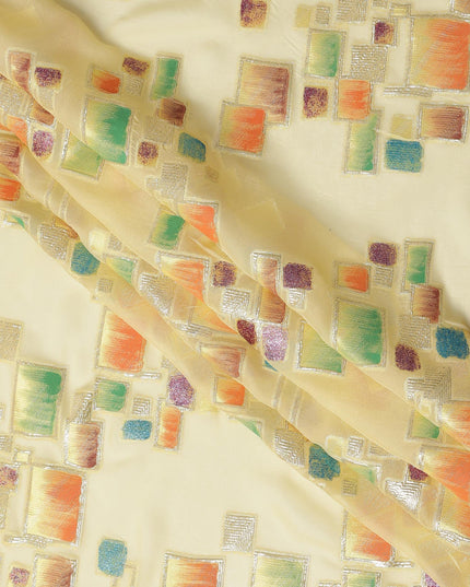 Butter Yellow Multicolor Premium Pure Silk Chiffon Fabric with Metallic Hand Print in Geometric Design, 110 Cms, South Korea-D26908