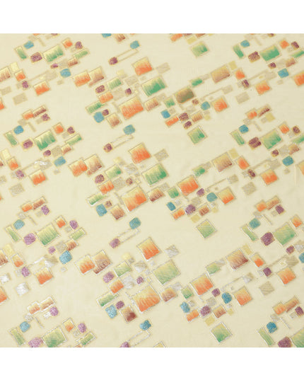 Butter Yellow Multicolor Premium Pure Silk Chiffon Fabric with Metallic Hand Print in Geometric Design, 110 Cms, South Korea-D26908