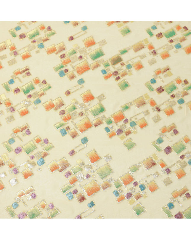 Butter Yellow Multicolor Premium Pure Silk Chiffon Fabric with Metallic Hand Print in Geometric Design, 110 Cms, South Korea-D26908