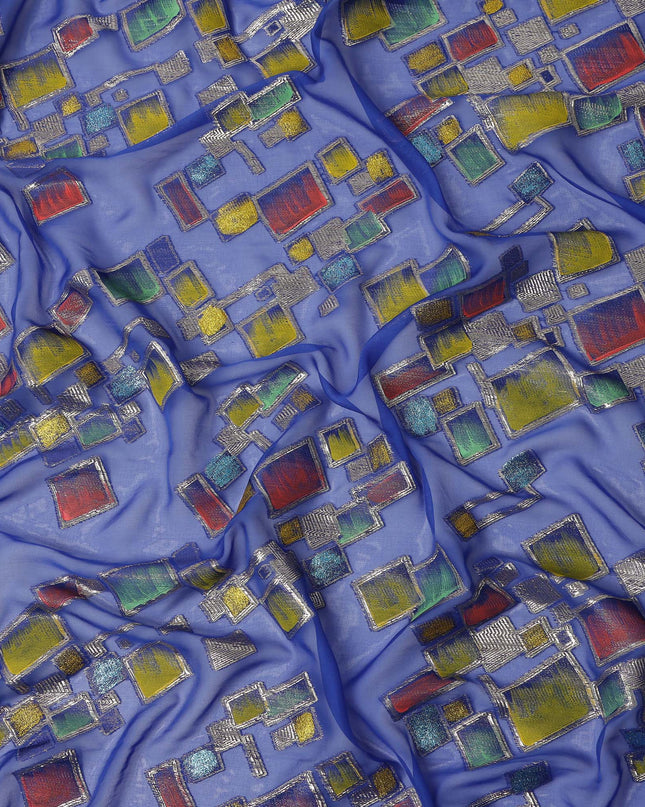 Royal Blue Multicolor Premium Pure Silk Chiffon Fabric with Metallic Hand Print in Geometric Design, 110 Cms, South Korea-D26912