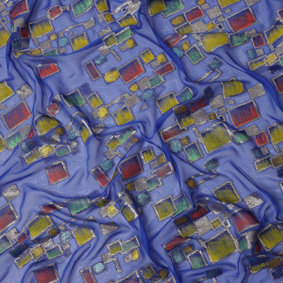Royal Blue Multicolor Premium Pure Silk Chiffon Fabric with Metallic Hand Print in Geometric Design, 110 Cms, South Korea-D26912