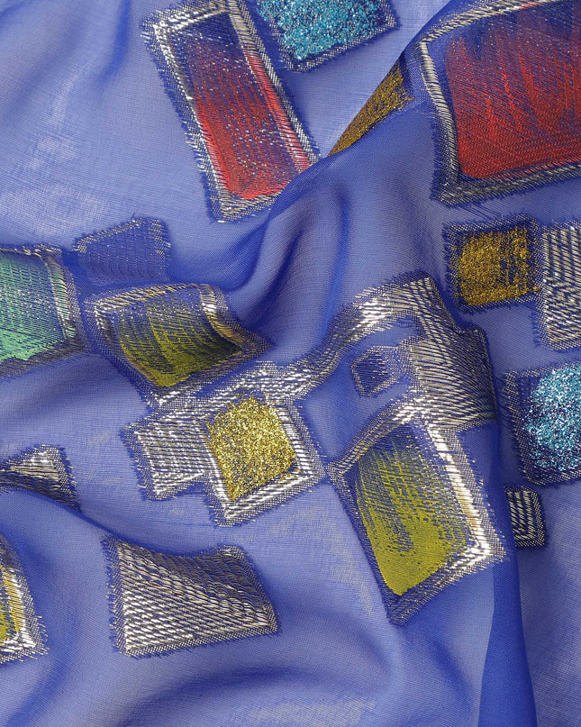 Royal Blue Multicolor Premium Pure Silk Chiffon Fabric with Metallic Hand Print in Geometric Design, 110 Cms, South Korea-D26912