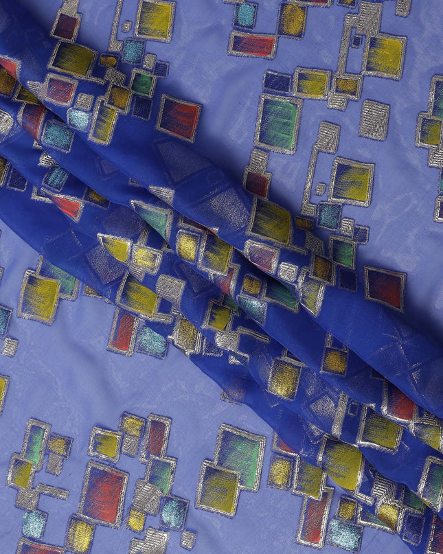 Royal Blue Multicolor Premium Pure Silk Chiffon Fabric with Metallic Hand Print in Geometric Design, 110 Cms, South Korea-D26912