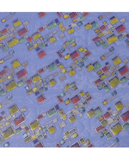 Royal Blue Multicolor Premium Pure Silk Chiffon Fabric with Metallic Hand Print in Geometric Design, 110 Cms, South Korea-D26912