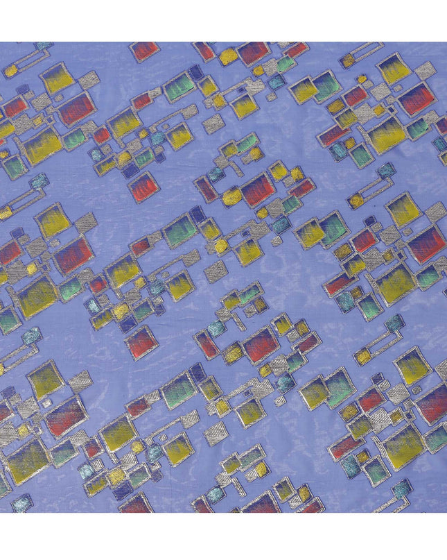 Royal Blue Multicolor Premium Pure Silk Chiffon Fabric with Metallic Hand Print in Geometric Design, 110 Cms, South Korea-D26912