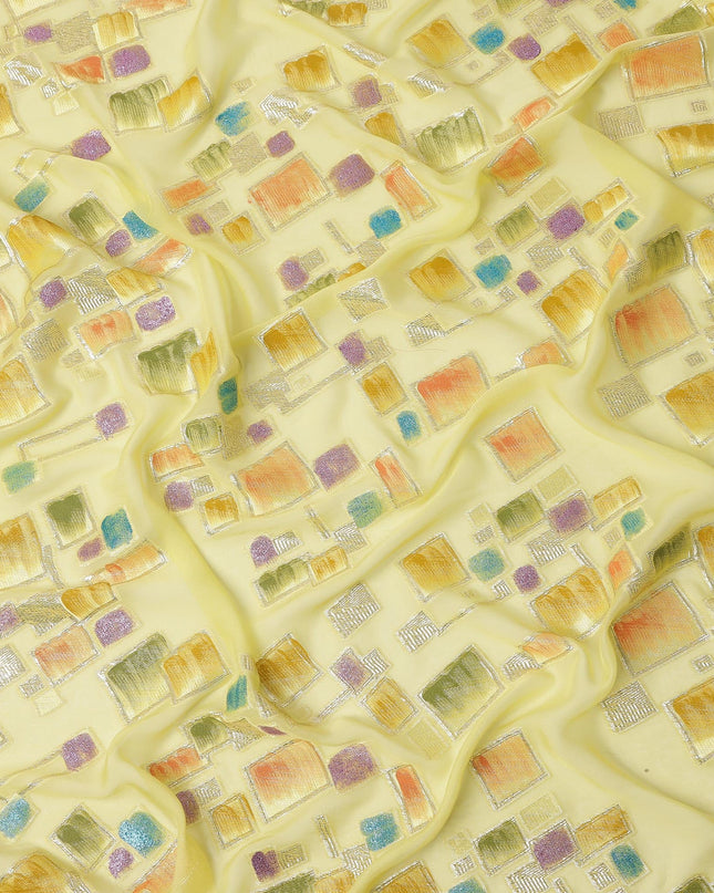 Soft Lemon Yellow Multicolor Premium Pure Silk Chiffon Fabric with Metallic Hand Print in Geometric Design, 110 Cms, South Korea-D26911