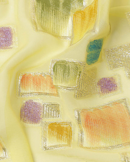 Soft Lemon Yellow Multicolor Premium Pure Silk Chiffon Fabric with Metallic Hand Print in Geometric Design, 110 Cms, South Korea-D26911
