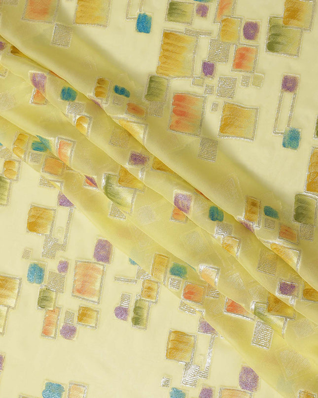 Soft Lemon Yellow Multicolor Premium Pure Silk Chiffon Fabric with Metallic Hand Print in Geometric Design, 110 Cms, South Korea-D26911